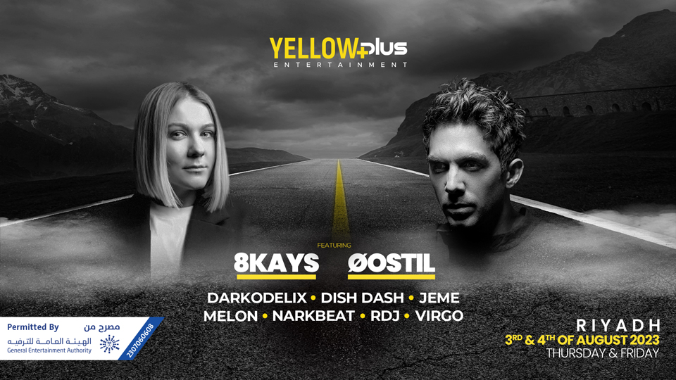 Yellow Plus 2023 lineup poster featuring 8Kays and Oostil.